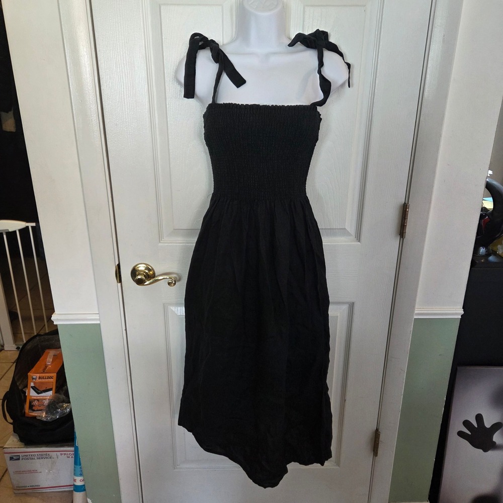 Wilfred Aritzia Black 100% Organic Linen Smocked Tie Shoulder Midi Dress Small